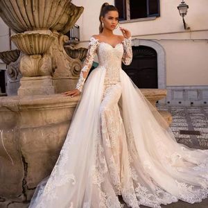 Lace Illusion Pełne rękawy Suknie ślubne Aplikacje Odłączany pociąg 2 w 1 Księżniczka Sweetheart Bride suknie Vestidos de novia