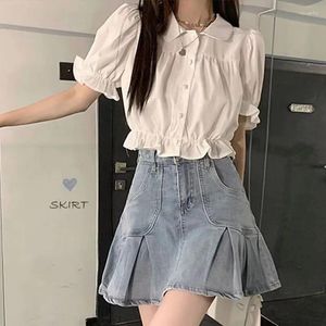 Kvinnors blusar 2-stycken Set Women Shirt Y2K Puff Sleeve Ruffles Korean mångsidiga toppar Hög midja Slim Montering Unik veckad kjol Lady