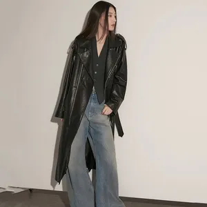 Women's Leather Genuine Jacket Trench Coat Autumn Winter Long Asymmetric Zip Oversized Motorcycle Windbreaker Sheepskin