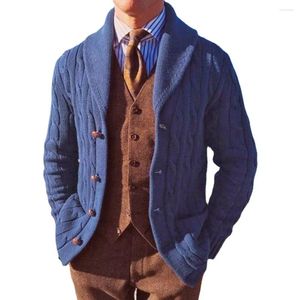 Casacos masculinos outono e inverno fino de manga comprida de malha lapela azul cardigan suéter masculino tops