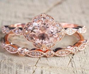 2 PCSSet Crystal Ring Jewelry Rose Gold Color Wedding Rings for Women Girls Gift Engagement Wedding Ring Set4078526