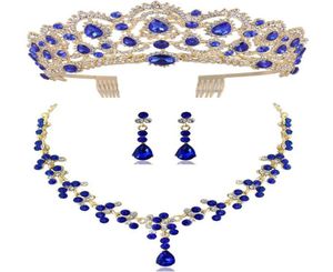 DIEZI Neue Rot Grün Blau Krone Und Halskette Ohrring Schmuck-Set Tiara Strass Hochzeit Brautschmuck Sets Accessories2305878