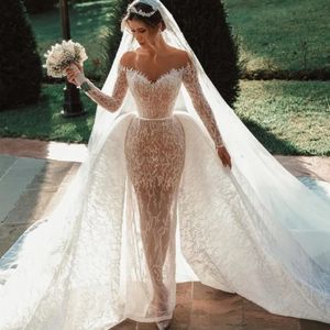 Stunningbride 2024 champanhe luxo fora do ombro mangas compridas apliques renda sereia vestido de casamento beading trompete vestido de noiva super brilhante vestido de noiva