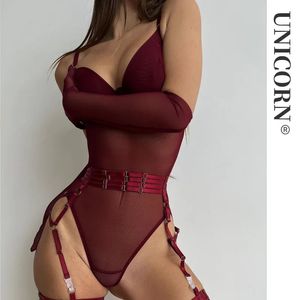 Sexig uppsättning sextät passande spetsbodysuit Sexig Se genom Body Suit Bourgogne Gloves strumpeband Night Club outfit Sissy Crotchless Mesh Top 231214