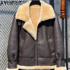 Men's Fur Faux Fur AYUNSUE Genuine Leather Jacket Men Nature Original Sheepskin Fur Coat Male Flight Suit Real Leather Clothes De Cuero Genuino Q231212