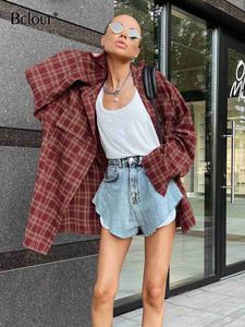 Women's Blouses Shirts Bclout Street Red Plaid Loose Blouses Women 2023 Vintage Long Sleeve Office Lady Shirts Fashion Streetwear Cotton Blouses Femal YQ231214