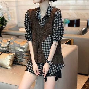 Women's Blouses Shirts FeMale Clothing Plaid Neck Blouse Casual Spliced Knitted Sweater Vest Fashion Fake Two Pieces All-match Long Sleeve Shirt YQ231214