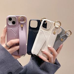 Solid color wristbands card pocket leather wallet case For iphone 15 14 13 11 12Pro Max 15 14Pro Ring holder leather case cover