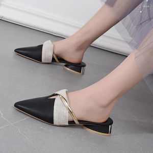 Slippers Elegant Low Heel Women Mules Summer Sexy Pointed-Toe Ladies Slip On Leisure Office Shoes Beige Black Female