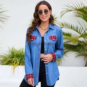 Женские блузкие рубашки Fuamos New Fashion Spress Summer Denim Cardigan Женский сплошной цвет европейский американский рубашка с длинными рукавами. Сплайсинг клетку YQ231214