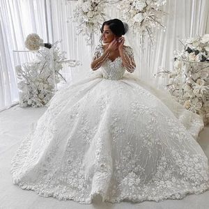 Stunningbride 2024 sexy com decote em v beading super brilhante vestido de baile vestido de casamento lindo apliques contas flor mangas compridas princesa vestido de noiva