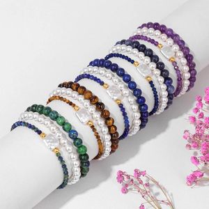 Strand Fashion Simulated Pearl Women Armband Classic Round Natural Stone Quartz Gem Girl Elastic Jewel Party Gifts