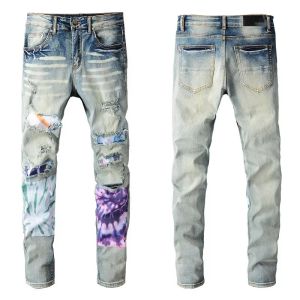 Jeans da uomo Vernice spray su toppe Denim Skinny Slim Biker Moto Hip Hop Gamba dritta Blu Vintage Distress Stretch per Uomo Ragazzi Ginocchio strappato P