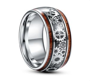 10mm Inlaid Wood Grain Gear Pattern Tungsten Carbide Ring Men039s Fashion Silver Color Mens Jewellery Wedding Rings4417025