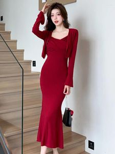 Vestidos de trabalho primavera outono senhoras sólido 2 peça roupa feminina curto cardigan topos casaco e cinta magro robe midi vestido conjunto roupas de rua