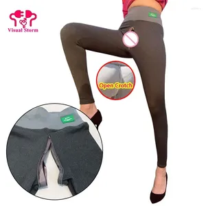 Women's Leggings Woman Sexy Open Crotch Lingerie Winter Fleece Outdoor Easy Invisible Zippers Pants Warm Keep Crotchless Trousers