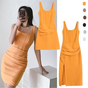 Vestidos casuais kardashian fora da rua temperamento gola quadrada sem mangas lado split vestido feminino primavera e verão adulto senhora como