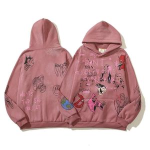 Super Fire Ouyang Nana Same Style Rust Red Sweetheart American High Street Graffiti Mud Dyed Hoodie with Plush and Thickened Trendy Label