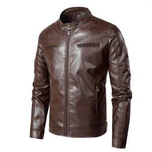 Mäns jackor 2024 Fashion Leather Jacket Slim Fit Stand Collar Pu Coat Male Windproof Motorcykel LAPEL Diagonal dragkedja Ytterkläder