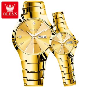 Wristwatches OLEVS Luxury Couple Watch for Men and Women Tungsten Steel Week Calendar Gold Quartz Watches Fashion Lovers Watches 231213