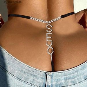 Roupa íntima sexy com letras de strass da moda com corrente corporal personalizada e sexy para boate feminina