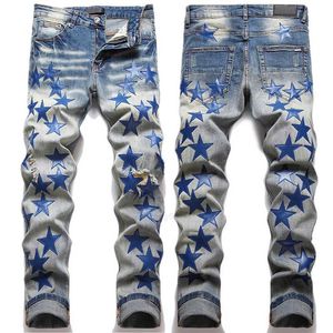 Mens Jeans Designer rippade broderi pentagram lapptäcke för trendmärke Motorcykelbyxa Mens Skinny