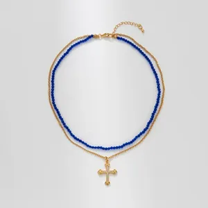 Pendant Necklaces Dark Blue Natural Stone Cross Double Layer Necklace