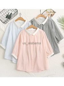 Women's Blouses Shirts Lamtrip Unqiue Double Layers Super Soft Cotton Yarn Skin-Friendly Peter Pan Collar Half Sleeve Shirt Blouse Mori 2023 Summer YQ231214