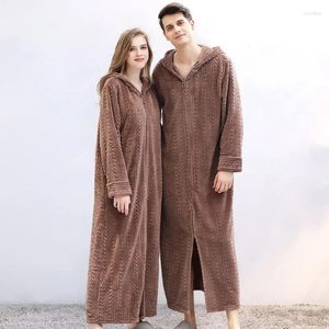 Kvinnors sömnkläder blixtlås hem för att klänna varm huva peignoirs flanell badrock kvinnor vinter långa nattkläder par män bad