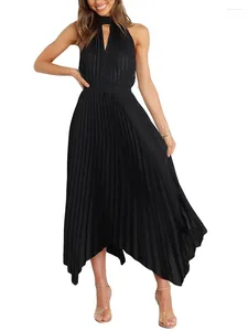 Casual Dresses Women S Satin Cutout Halter Neck Sleeveless Formal Ruched Irregular Hem Flowy Party Cocktail Maxi Dress