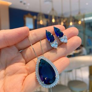 Halsbandörhängen Set SpringLady Vintage 15 25mm Lab Created Sapphire Gemstone Luxury Pendant Women 8 16mm Gift Party Jewelry