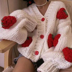 Women's Knits Tees Large Size Women Sweater 2023 Spring Autumn Puff Sleeve Strawberry Sweet Full Cardigans Loose Girls Euro America Style 231213