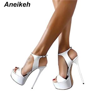 Sandaler Aneikeh 16cm Ultra High Heels Sandaler för kvinnor sommar sexig plattform kilklubbskor kvinna patent läder sandaler 231213