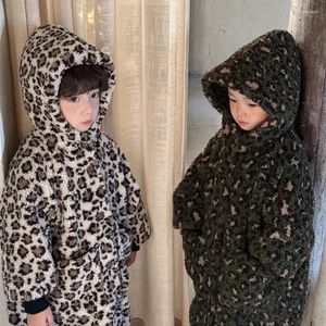 Jackets Children Hooded Coat Winter 2023 Boys Plus Fleece Leopard Girls Baby Tie Retro