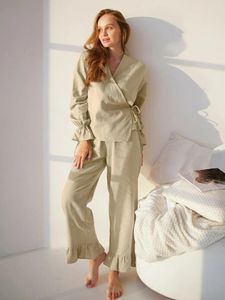 Women's Sleepwear Marthaqiqi Khaki Women Pajama Suit Sexy V-Neck Long Sleeve Nightwear Lace Up Nightgowns Pants Causal Femme Nightie Set