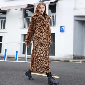 Women's Fur 2023 Winter Faux Leopard Print Tailored Collar Warm Thick X-Long Coat Long Sleeve Hipster Jacket Feminino