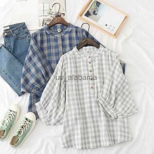 Women's Blouses Shirts Plaid Blouse Women Preppy Style Cotton and Linen Three Quarter Sleeve Loose Shirts Stand Collar Square Checked Cotton Tops YQ231214