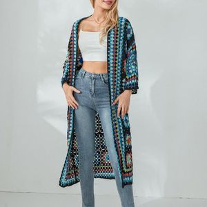 Women's Swimwear Bohemian Floral Crochet Knit Long Robes Ethnic Style Cover-ups Cardigans Sleeve Open Front Sweater Outwear