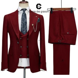 Abiti da uomo Blazer Cenne Des Graoom Abito rosso bordeaux Elegante monopetto Giacca a 1 bottone Gilet Pantaloni Business Casual Costume da sposa Homme 231214