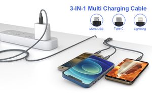 Multi Charging Cable 1.2M Nylon Braided Cord 3 in 1 USB charger Cable for i Phone Android Cell Phones Tablets Universal Use Charge