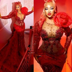 Plus Size Aso Ebi Prom Dresses Long Sleeves Mermaid Illusion Sexy Evening Dress For Black Girls With Detachable Train African Nigeria Promdress Party Gowns