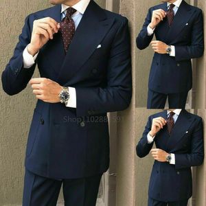 Roupas étnicas Double Breasted Navy Lapel Blazer Noivo Ternos Homens Terno Slim Fit Business Smoking Para Traje Homme 2 Peças 231213