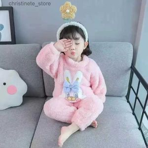 Pyjamas Girl Pajamas Children's Home Set Set Girls 'Autumn/Winter Korean Edition Thicked Baby Coral Fleece Two Piece Sleepwear Set R231214