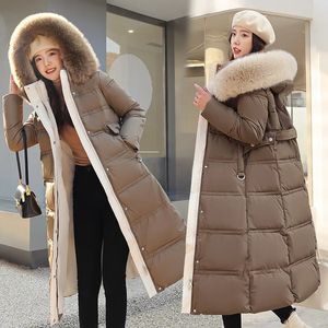 Women's Down Parkas Winter Long Parka Women Big Fur Collar Hooded Puffer Jacket Thickened Slim Belt Over The Knee Cotton-padded Jacket Korean Coat 231213