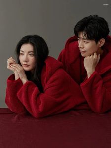 Homens Tracksuits Casais Pijamas Outono e Inverno Coral Veludo Vermelho Com Capuz Terno Homens Mulheres Festivo Casamento Casa Desgaste Espessado