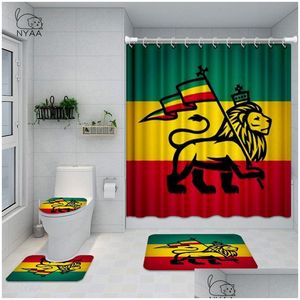 Shower Curtains Rasta Flag Painted On Wooden Bathroom Set The Lion Of Judah Wall Art Waterproof Curtain Toilet Er Mat Non Slip Rug D Dh9Gk