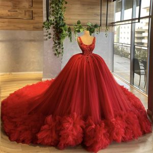 Burgundii Tiul Formalne sukienki na studniówkę kwadratową kołnierz brokatową kulkę wieczorową sukienkę warstwy Backless Princess Party Suknie