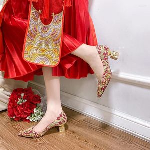 Dress Shoes Chinese Style Wedding Autumn Red Pointed Head High Heels Shallow Mouth Comfortable Banquet Pumps Zapatos De Novia