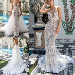 Berta Wedding Dresses Detachable Train Sweetheart Sleeveless Mermaid Bridal Gowns Custom Made Lace Appliques Wedding Dress