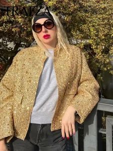 سترات نسائية Trafza Autumn Women Coat Gold Gold Single Single Breadted Long Sleeve مع جيوب أزياء أزياء الشارع المعاطف الأنيقة